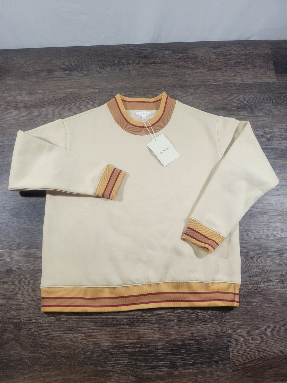 Bohme Marie Oversized Mockneck Sweatshirt Women Size S Bone Cream Retro Varsity